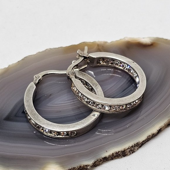 925 STERLING SILVER - Shiny Crystal Round Hoop Earrings - Picture 6 of 12